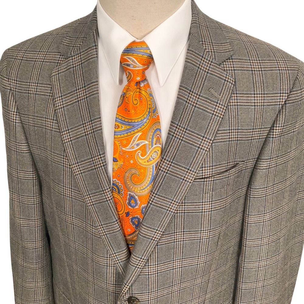 Hart Schaffner Marx Gold Blazer Mens 41R Brown Blue Plaid 2-Button
